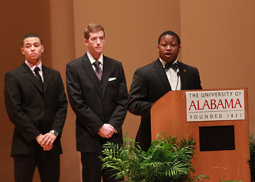 Greeting and welcoming the Realizing the Dream audience were, from left, Bayaka Bester Jr., Shelton State Community College, Chris Willis, UA, and Joseph Pough, Stillman College.