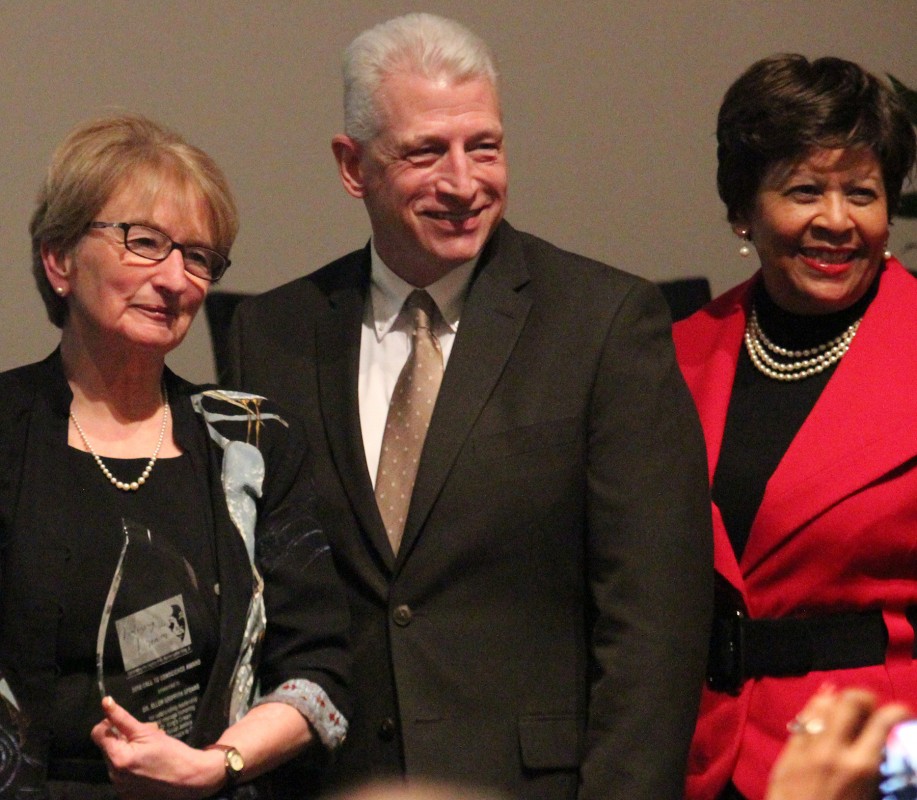 Dr. Ellen Griffith Spears stands with Dr.Kevin Whitaker and Dr. Cynthia Warrick after receiving the Call to Conscience Award.