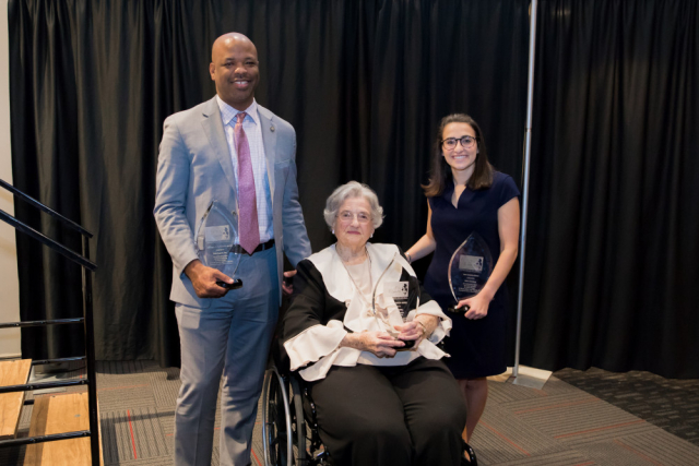 Recipients of the 2020 Realizing the Dream Legacy Banquet Awards, shown here, are Mary Allen Jolley, center, Mountaintop Award winner; Chris England, left, who received the Call to Conscience Award; and Emma Mansberg, winner of the Horizon Award.