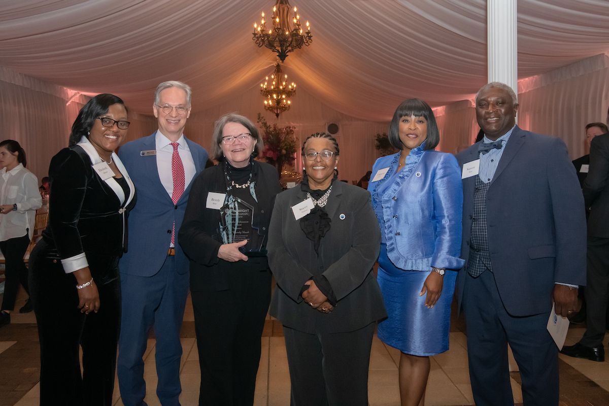 Photo credit: Photo courtesy of Auburn University Photographic Services. Left to right: Dr. Elizabeth Quansah, director, Auburn University Outreach Global; Dr. John Bader, executive director, national Fulbright Association; Dr. Beverly Hawk, director of Global and Community Engagement, University of Alabama Division of Community Affairs; Dr. Stacey Nickson, director, Center for Educational Outreach and Engagement, Auburn University, and a member of the National Fulbright Association Board of Directors; Dr. Chippewa Thomas, director of the Auburn University Office of Faculty Engagement and president of the Fulbright Association Alabama chapter; and Dr. Samory T. Pruitt, vice president for Community Affairs, The University of Alabama.