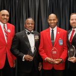 2023 Realizing the Dream Legacy Award recipients include Christopher Gill, right, recipient of the Horizon Award; Lt. General Willie J. Williams (Ret), second from left, recipient of the Call to Conscience Award; and Lt. Colonel George Hardy (Ret), not pictured, recipient of the Mountaintop Award. Accepting the award on behalf of Lt. Colonel Hardy are Palmer Sullins, left, Chairman of the Friends of Tuskegee Airmen National Historic Site, Inc., and Jerry "Hawk" Burton, second from right, national president of Tuskegee Airmen Incorporated.