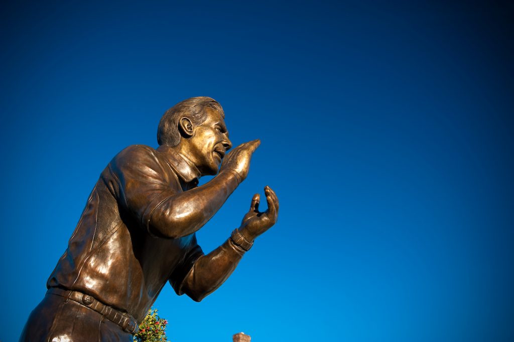 Close-up photo of a Nick Saban bronze statue